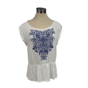 Elle L White with blue Embroidery Sheer Tunic